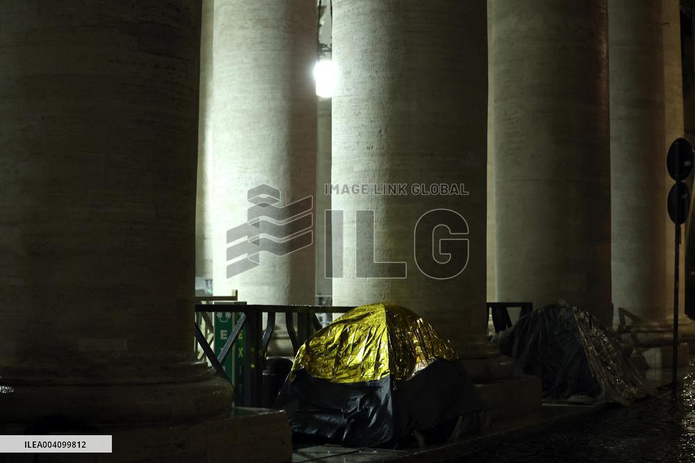 The tents of the homeless around the colonnade of St. Peter's