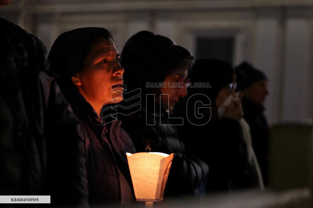Religion: Cardinal Robert Prevost leads the recitation of the Holy Rosary for Pope Francis on March 03, 2025