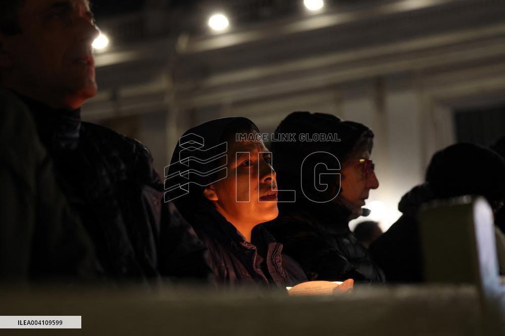 Religion: Cardinal Robert Prevost leads the recitation of the Holy Rosary for Pope Francis on March 03, 2025