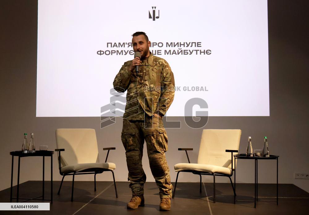 Serviceman Kostiantyn Vierinov attends the premiere of Memory, a new music video by the Cultural Forces of Ukraine, Kyiv, Ukrain