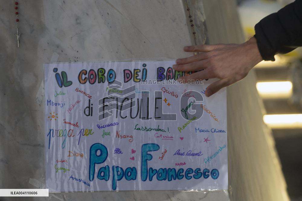 People Pray Outside the Agostino Gemelli Polyclinic in Rome