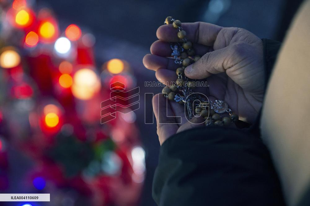 People Pray Outside the Agostino Gemelli Polyclinic in Rome
