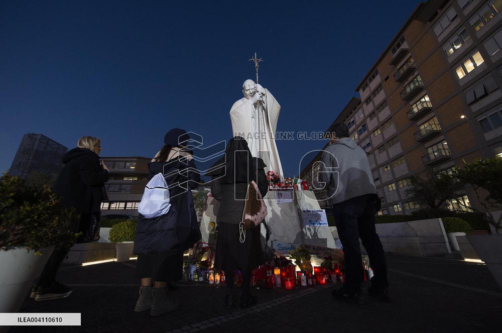 People Pray Outside the Agostino Gemelli Polyclinic in Rome