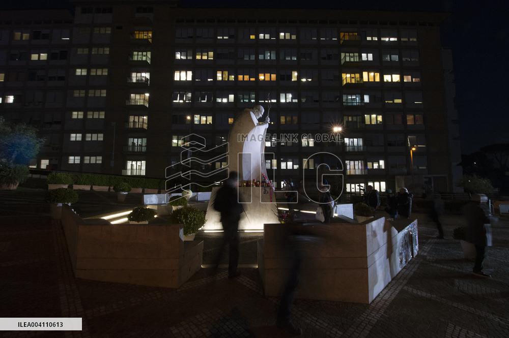People Pray Outside the Agostino Gemelli Polyclinic in Rome