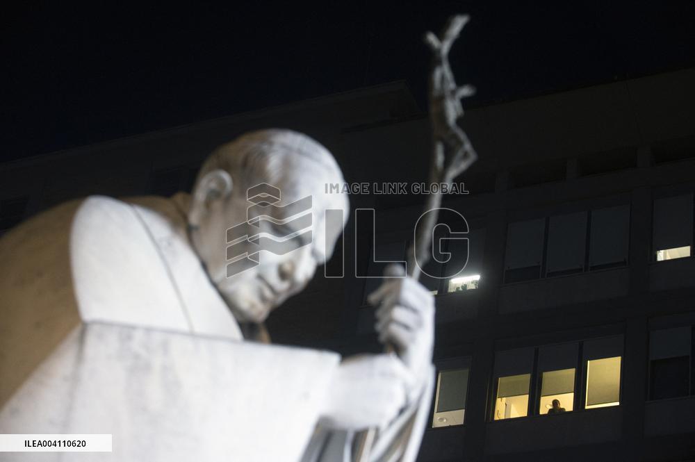 People Pray Outside the Agostino Gemelli Polyclinic in Rome
