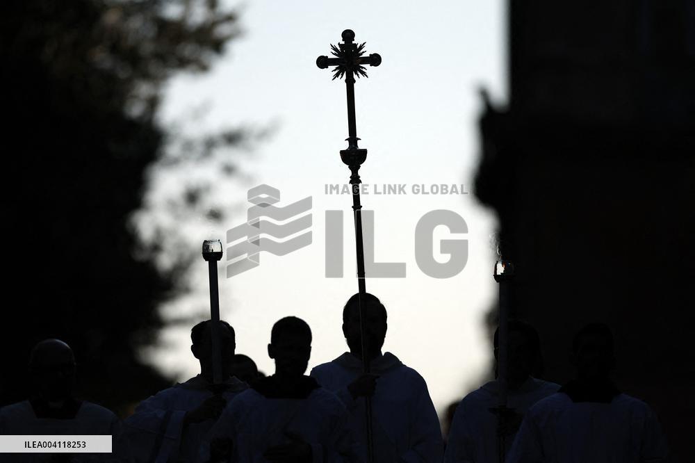 Religion: Cardinals and bishops preceded by the penitential procession from the Basilica of Sant'Anselmo towards the Basilica of