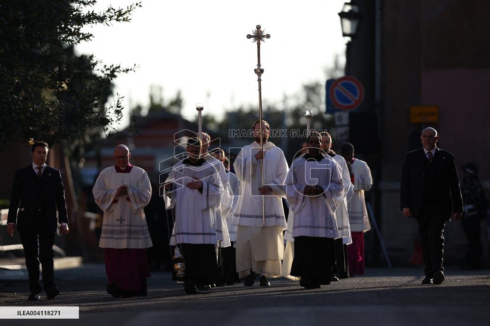 Religion: Cardinals and bishops preceded by the penitential procession from the Basilica of Sant'Anselmo towards the Basilica of
