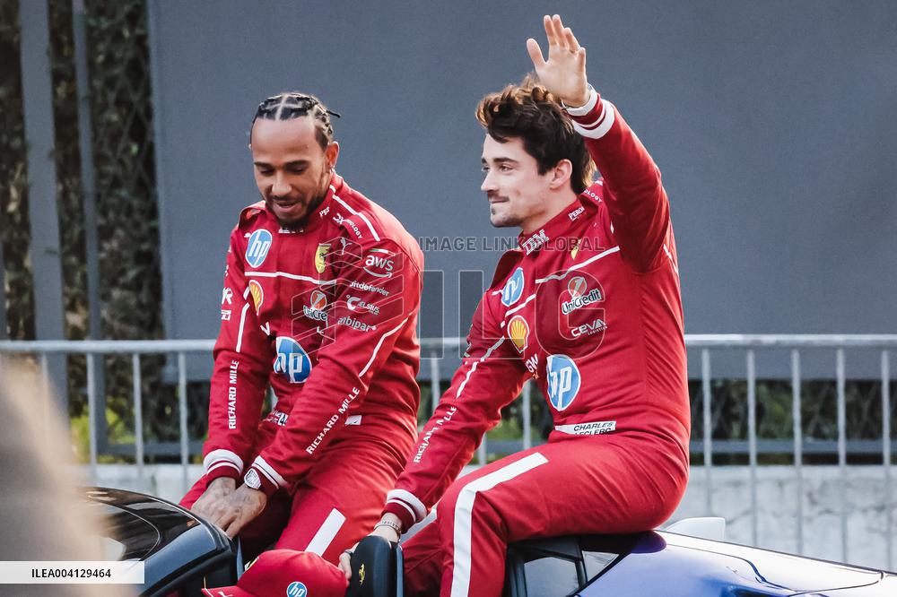 Leclerc and Hamilton at Scuderia Ferrari HP Drivers Presentation in Milan