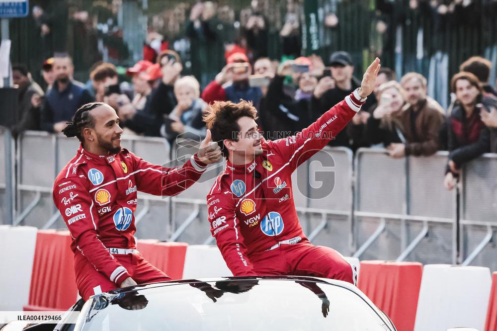Leclerc and Hamilton at Scuderia Ferrari HP Drivers Presentation in Milan
