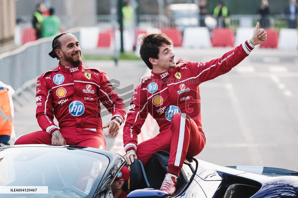 Leclerc and Hamilton at Scuderia Ferrari HP Drivers Presentation in Milan