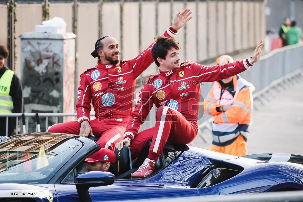 Leclerc and Hamilton at Scuderia Ferrari HP Drivers Presentation in Milan