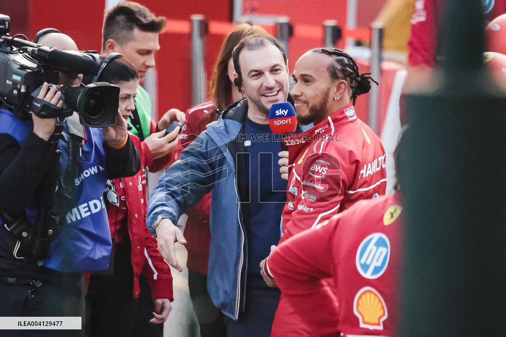 Leclerc and Hamilton at Scuderia Ferrari HP Drivers Presentation in Milan