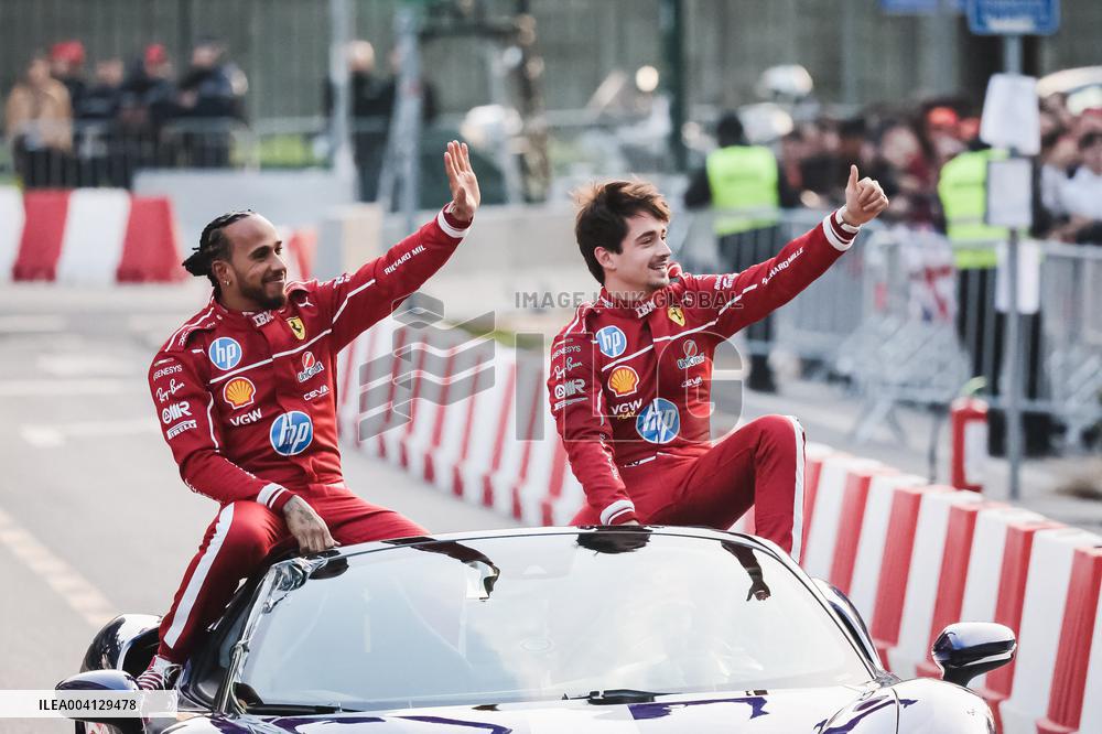 Leclerc and Hamilton at Scuderia Ferrari HP Drivers Presentation in Milan