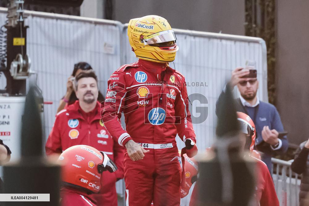 Leclerc and Hamilton at Scuderia Ferrari HP Drivers Presentation in Milan