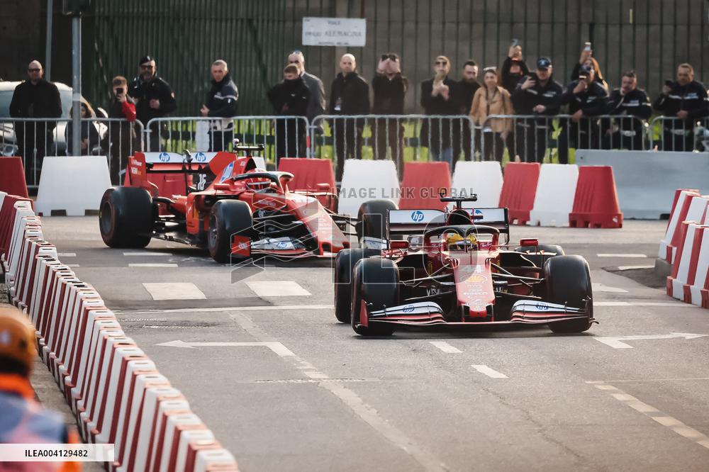 Leclerc and Hamilton at Scuderia Ferrari HP Drivers Presentation in Milan