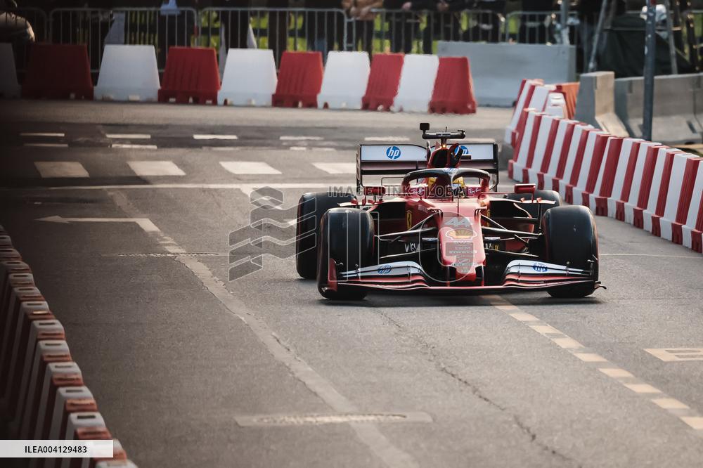 Leclerc and Hamilton at Scuderia Ferrari HP Drivers Presentation in Milan
