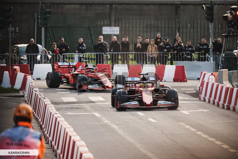 Leclerc and Hamilton at Scuderia Ferrari HP Drivers Presentation in Milan