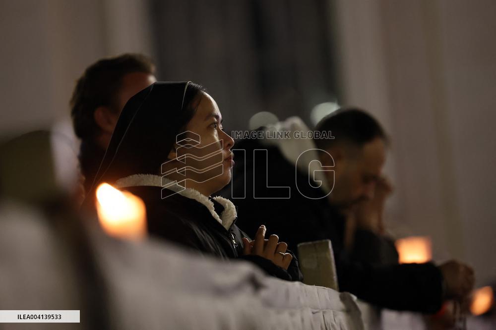 Religion: Cardinal Michael Czerny, leads the Rosary for the Pope's health in St. Peter's Square on March 8, 2025