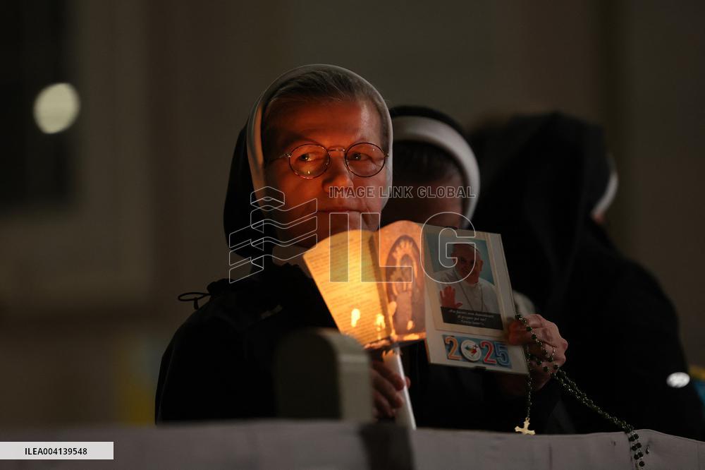 Religion: Cardinal Michael Czerny, leads the Rosary for the Pope's health in St. Peter's Square on March 8, 2025