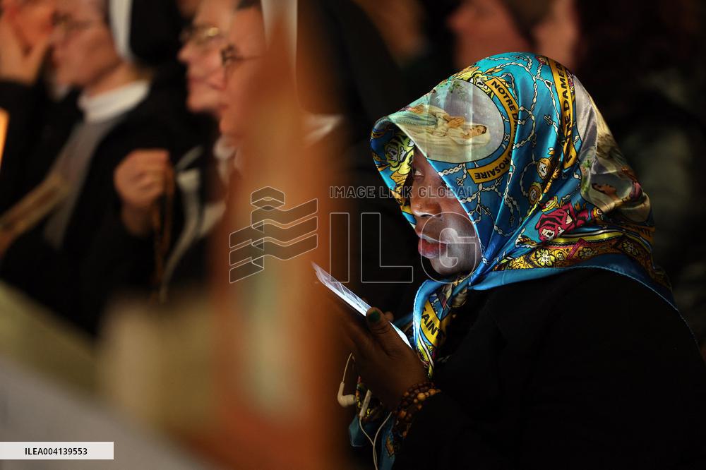 Religion: Cardinal Michael Czerny, leads the Rosary for the Pope's health in St. Peter's Square on March 8, 2025
