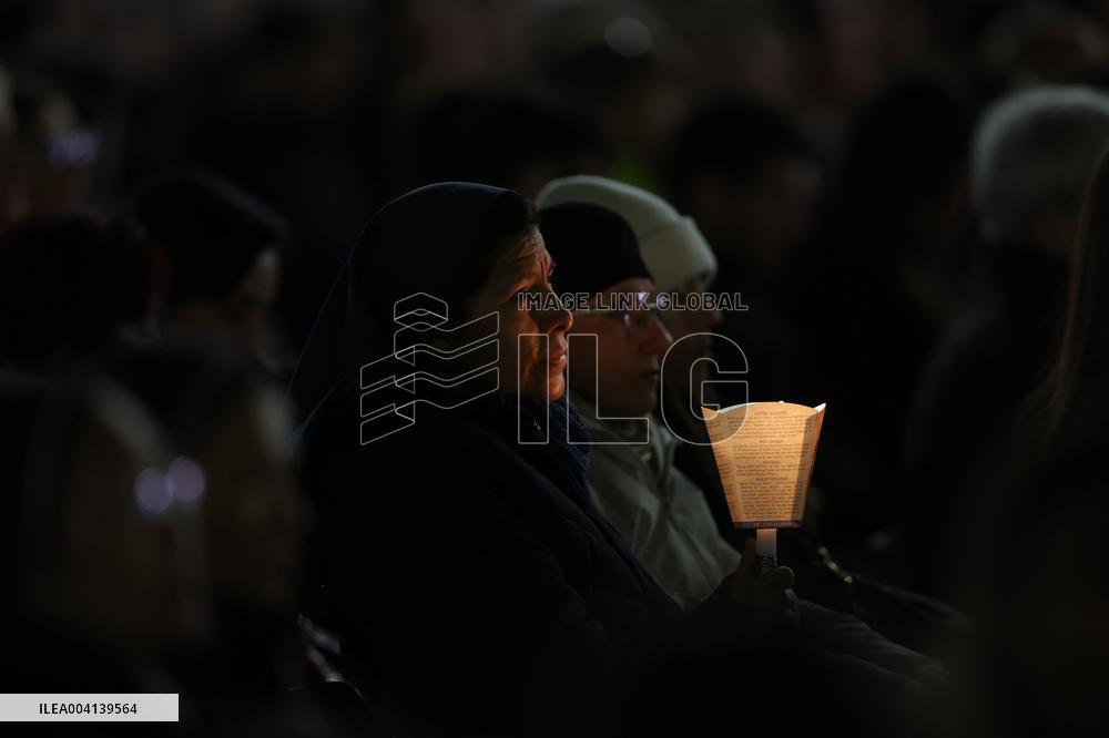 Religion: Cardinal Michael Czerny, leads the Rosary for the Pope's health in St. Peter's Square on March 8, 2025