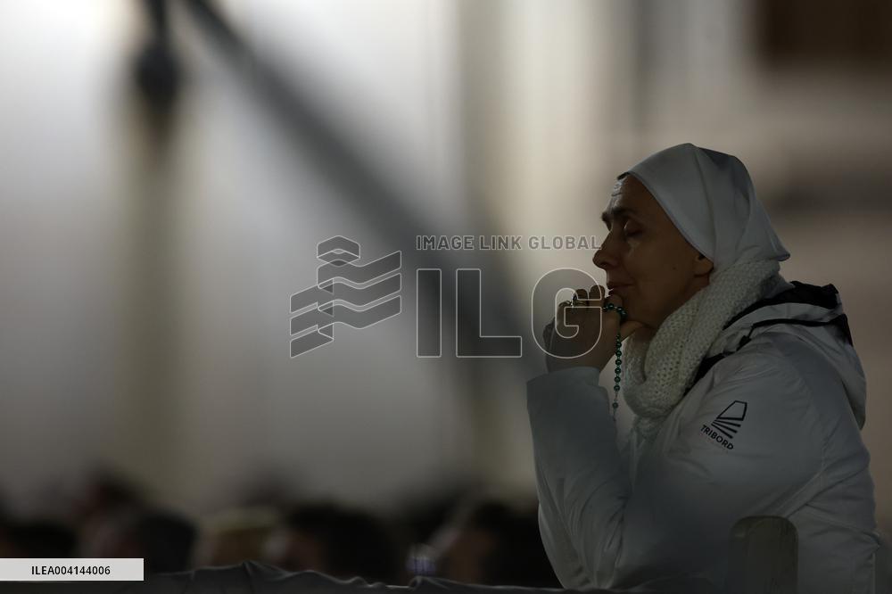 Religion: Cardinal José Tolentino de Mendonca, leads the Rosary for the Pope's health in St. Peter's Square on March 9, 2025
