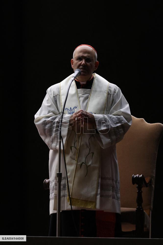 Religion: Cardinal José Tolentino de Mendonca, leads the Rosary for the Pope's health in St. Peter's Square on March 9, 2025