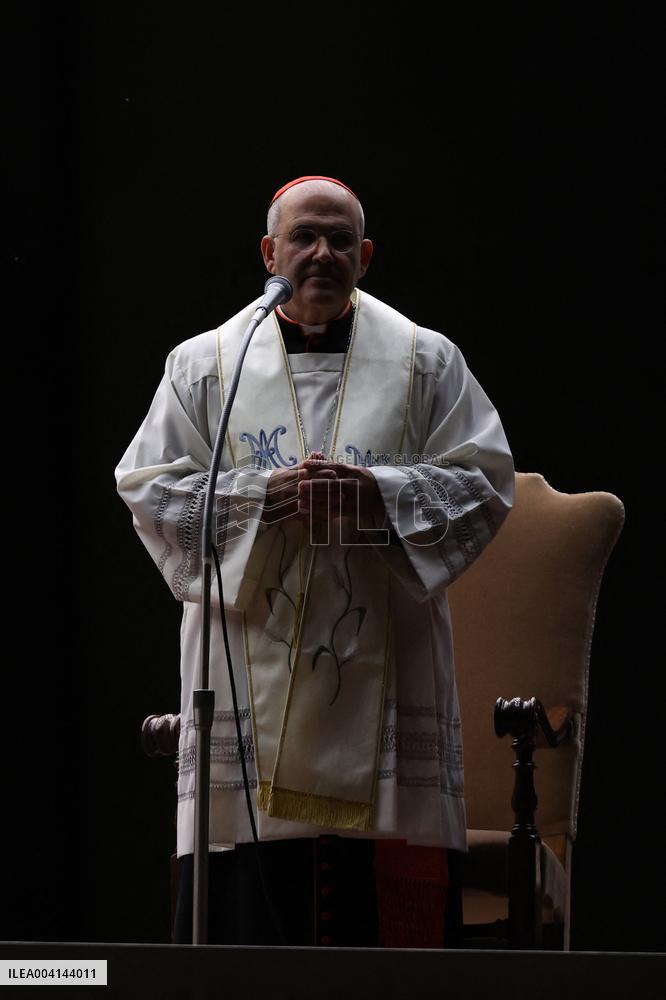 Religion: Cardinal José Tolentino de Mendonca, leads the Rosary for the Pope's health in St. Peter's Square on March 9, 2025