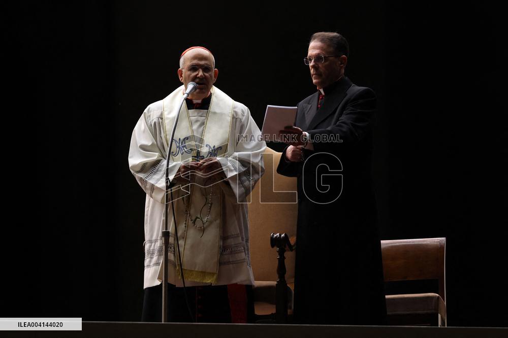 Religion: Cardinal José Tolentino de Mendonca, leads the Rosary for the Pope's health in St. Peter's Square on March 9, 2025