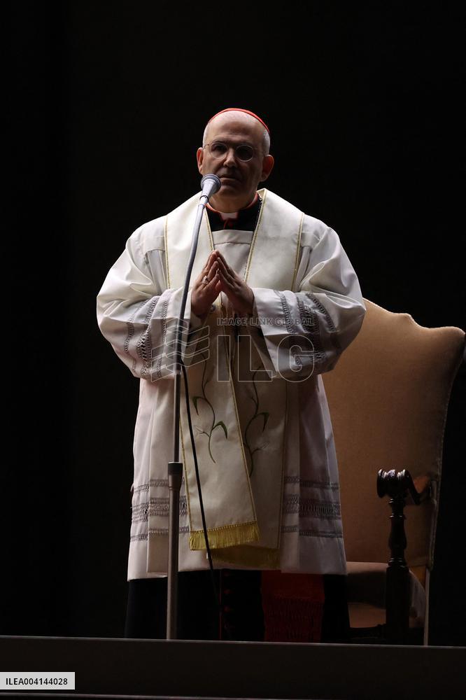 Religion: Cardinal José Tolentino de Mendonca, leads the Rosary for the Pope's health in St. Peter's Square on March 9, 2025