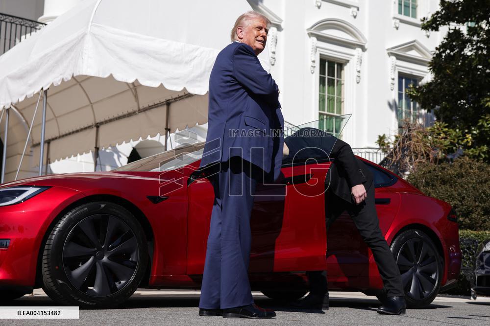 DC: President Trump views Tesla vehicles in Front of The White House