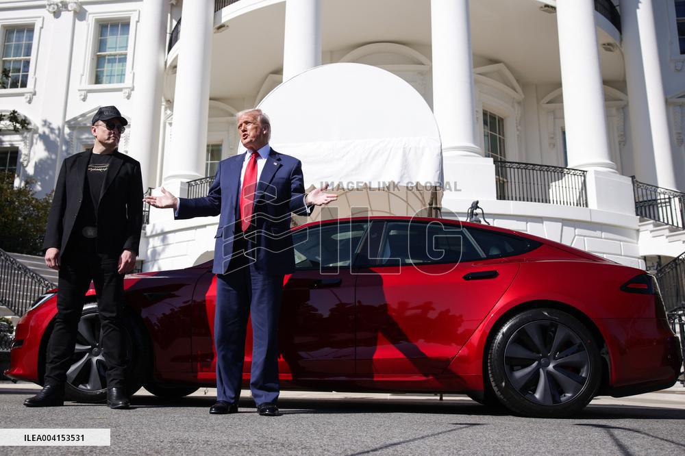 DC: President Trump views Tesla vehicles in Front of The White House