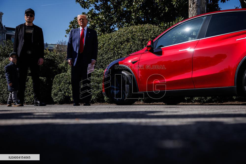 DC: President Trump views Tesla vehicles in Front of The White House