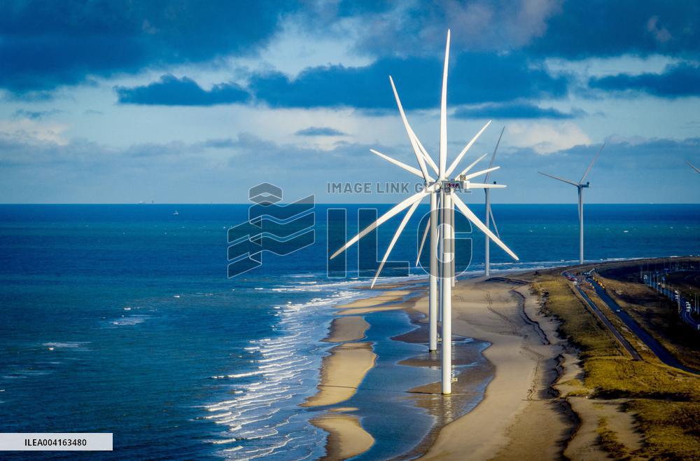 Windmills In Nature Along The Coastline Sea - Rotterdam