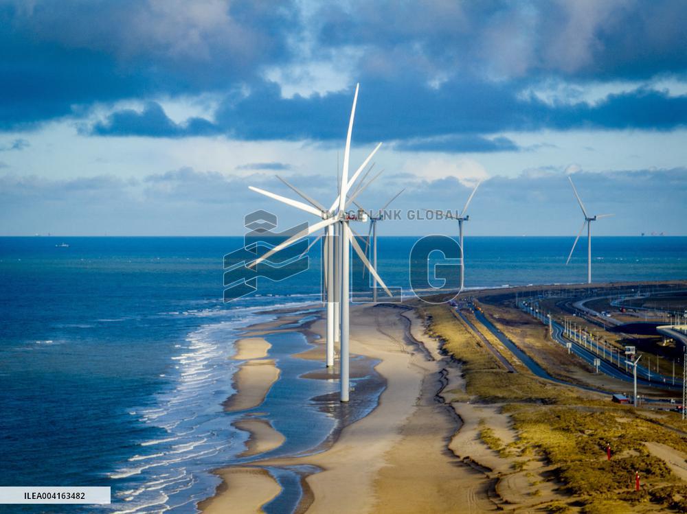 Windmills In Nature Along The Coastline Sea - Rotterdam