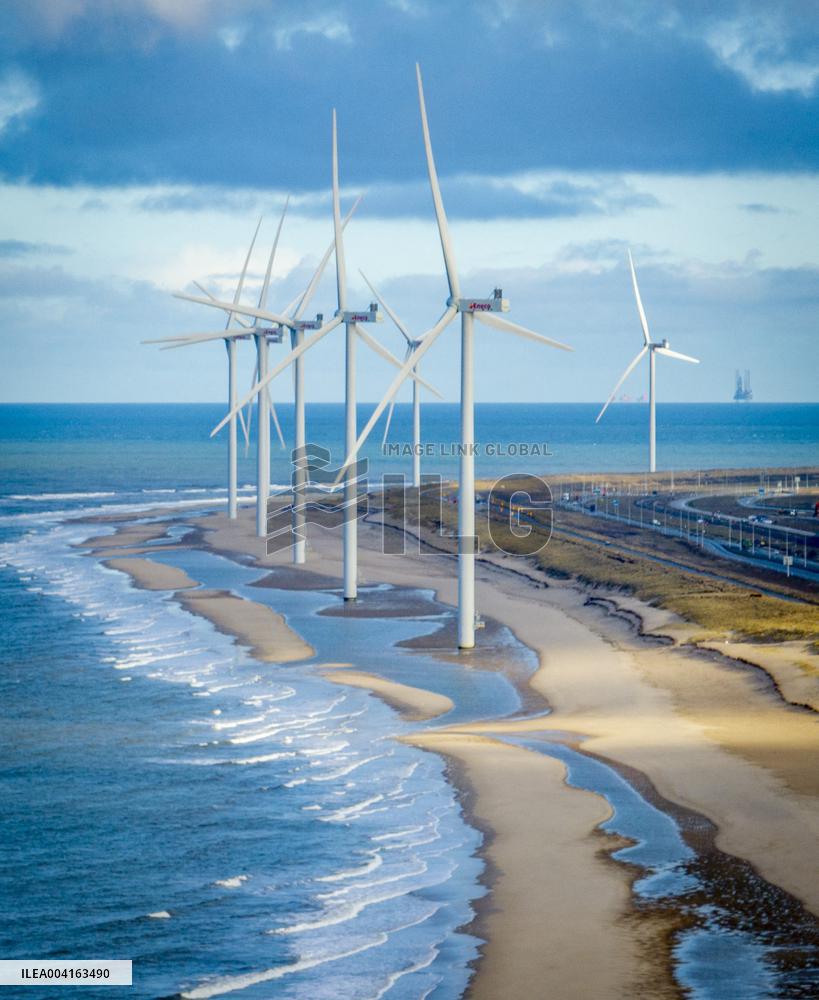 Windmills In Nature Along The Coastline Sea - Rotterdam