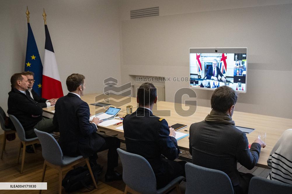 President Macron takes part in a videoconference for peace and security in Ukraine