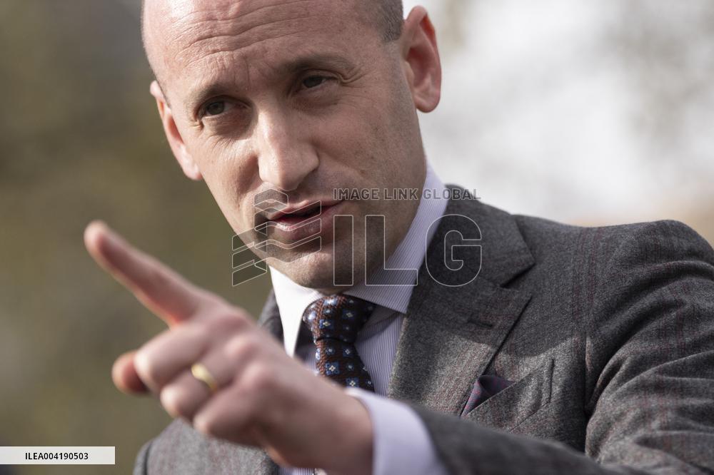 Stephen Miller, White House Deputy Chief of Staff for Policy and US Homeland Security Advisor speaks to the media