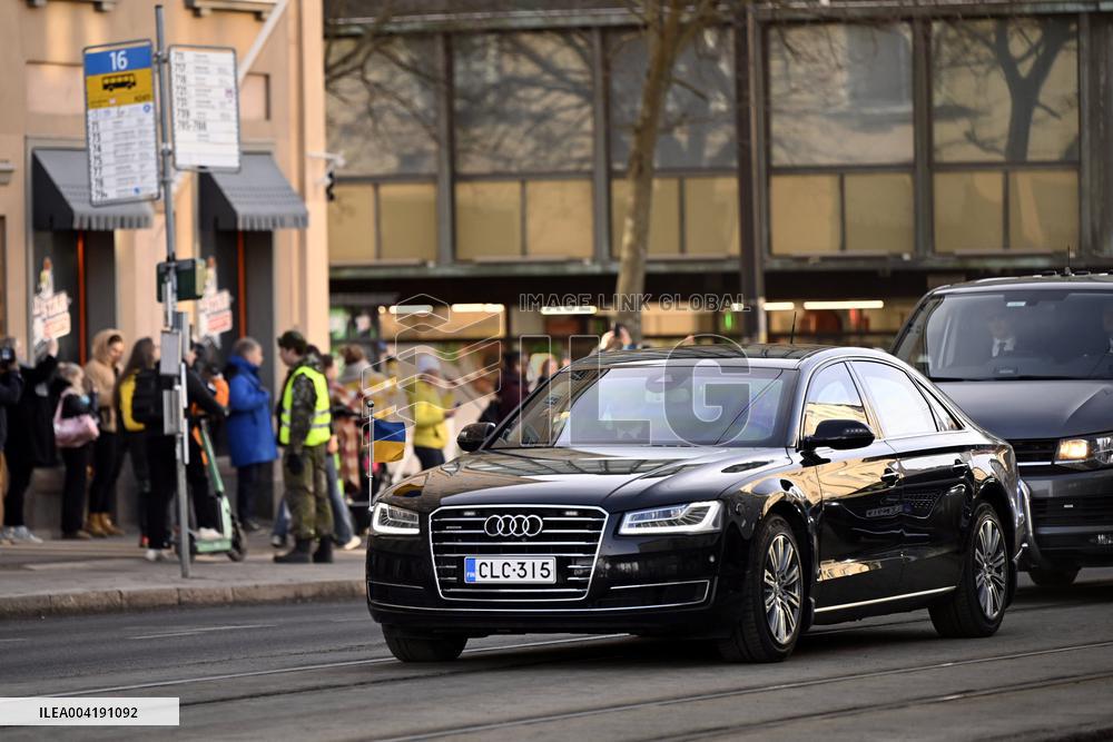 Ukrainian President Volodymyr Zelensky leaving Finland
