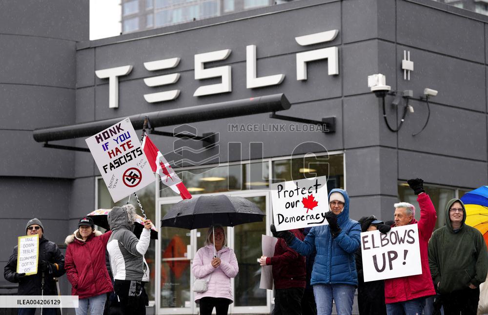 Protest Rally Outside A Telsa Dealership In Ottawa