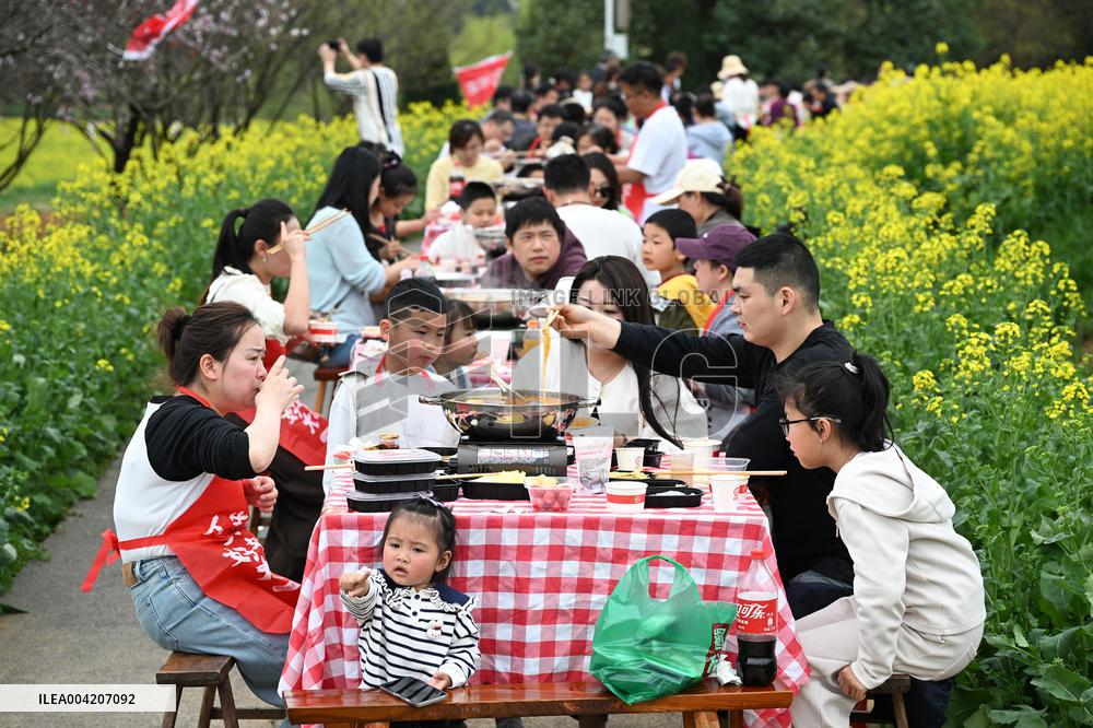 Tourists Eat Hot Pot Among Blooming Rapeseed Flowers in Nanjing