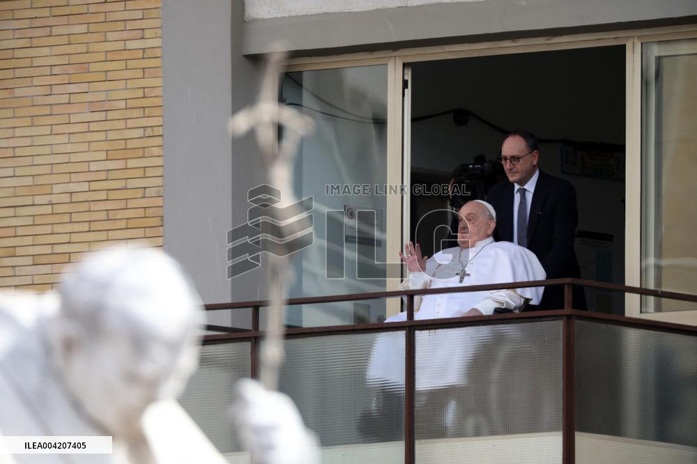 Pope Francis Looks Out From The Balcony Of The Gemelli Hospital - Rome