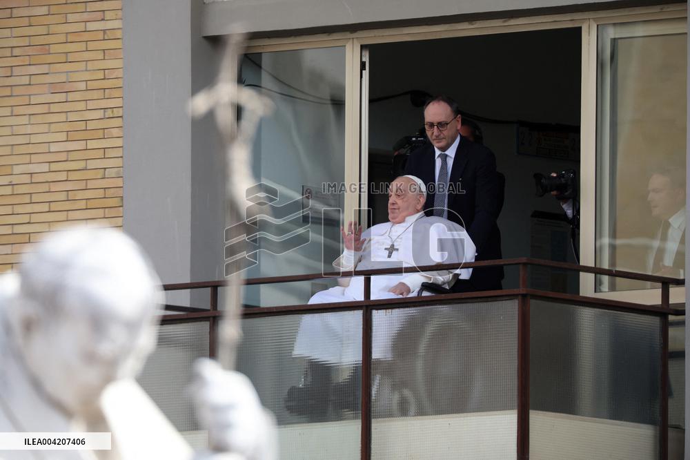Pope Francis Looks Out From The Balcony Of The Gemelli Hospital - Rome