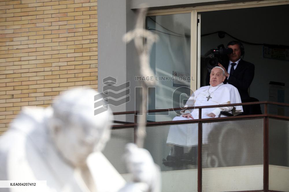 Pope Francis Looks Out From The Balcony Of The Gemelli Hospital - Rome