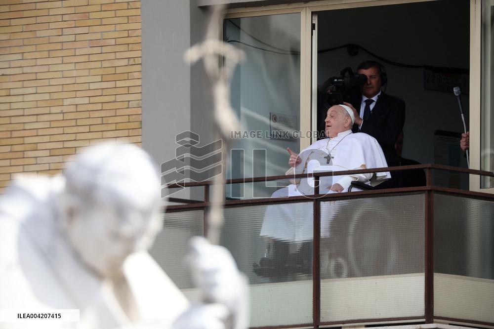 Pope Francis Looks Out From The Balcony Of The Gemelli Hospital - Rome