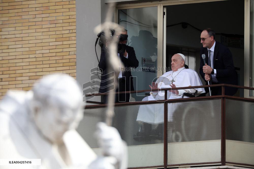 Pope Francis Looks Out From The Balcony Of The Gemelli Hospital - Rome