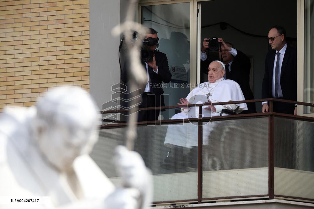 Pope Francis Looks Out From The Balcony Of The Gemelli Hospital - Rome