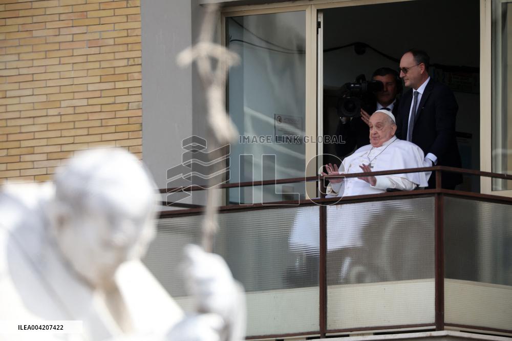 Pope Francis Looks Out From The Balcony Of The Gemelli Hospital - Rome