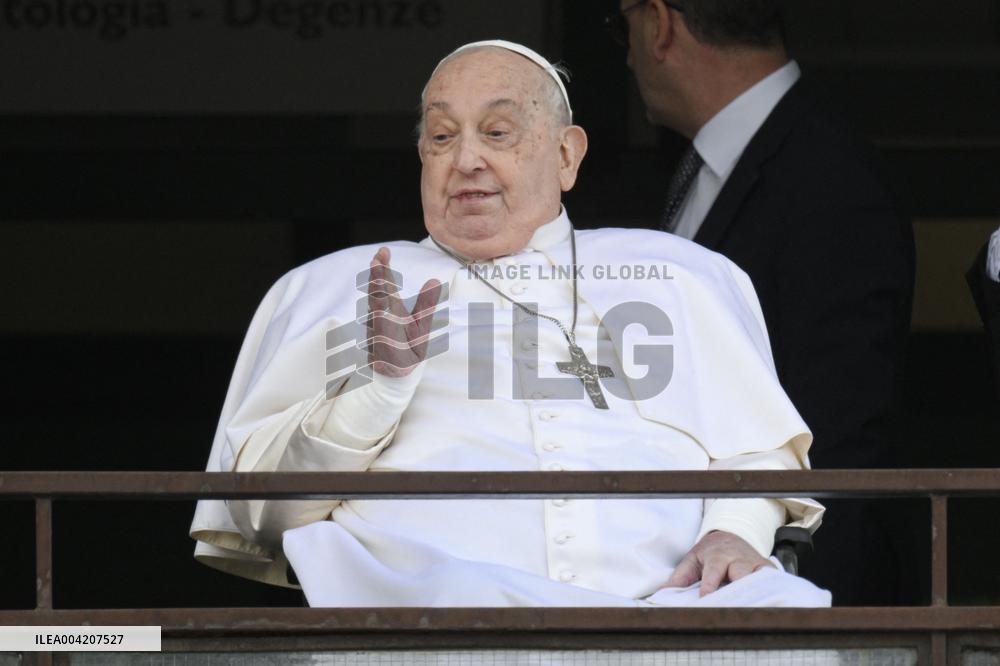 Pope Francis at a window of the Agostino Gemelli Polyclinic in Rome