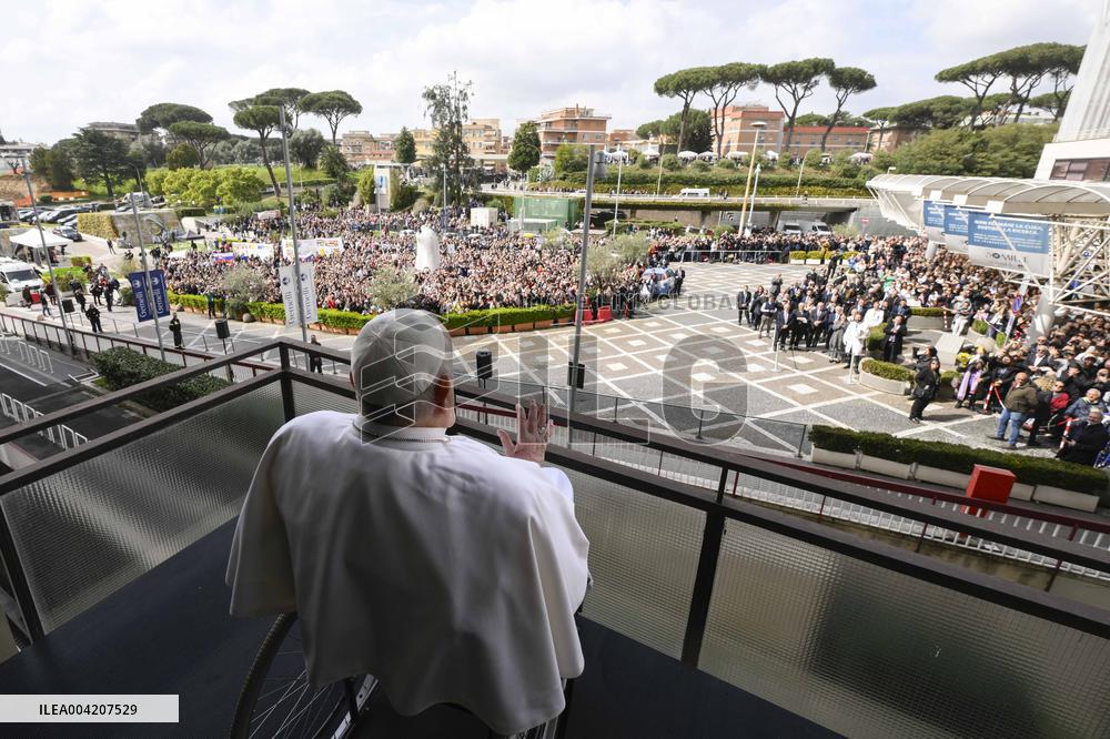 Pope Francis at a window of the Agostino Gemelli Polyclinic in Rome